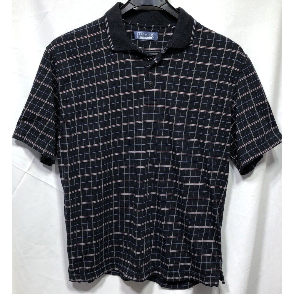 Premier International Polo Shirt M Blk Blue Check Plaid Office Career Preppy